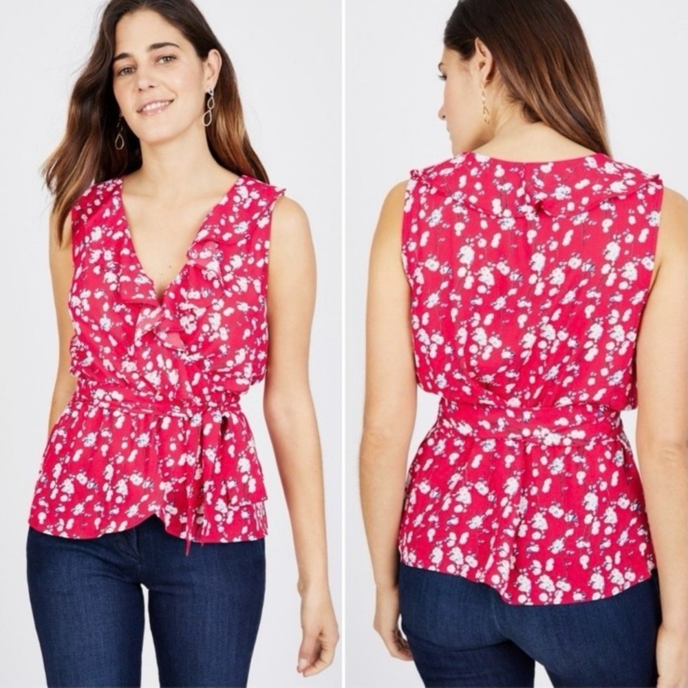 Max Studio Ruffle V-Neck Wrap Blouse Peplum Ruffle Red Tie Back Long Sleeve M